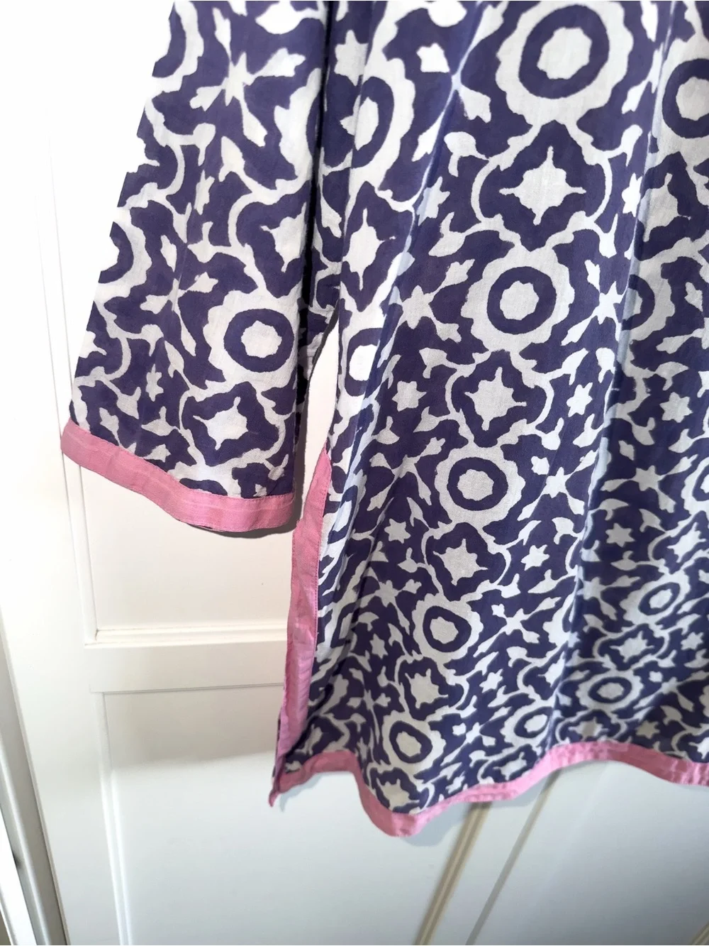 Roller Rabbit Blue Geometric Swim Cover-Up Tunic with Pink Trim Large Pool Beach